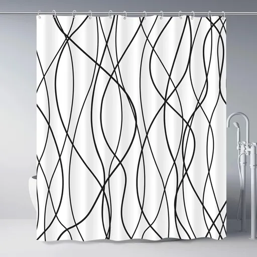 Modern Abstract Wavy Line Shower Curtain Set, Waterproof Fabric with Weighted Bottom & 12 Hooks, Hotel Style Bathroom Decor, Gradient Design for Contemporary Bathrooms (White)