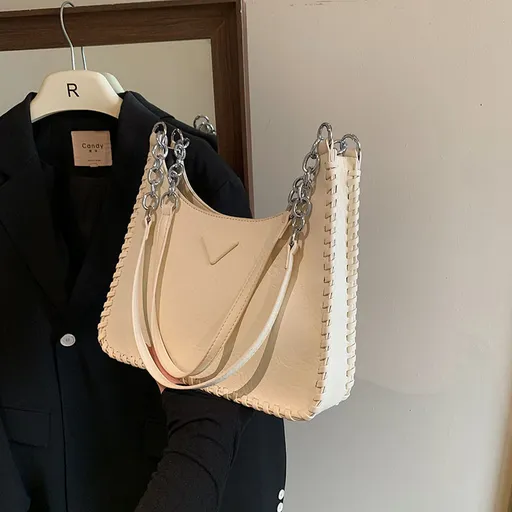 PU Leather Shoulder Bag Vintage-Inspired Chain Strap Whipstitch Detail Beige