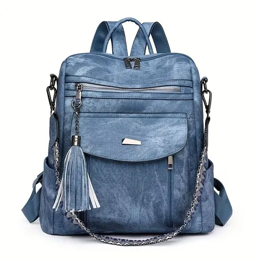 Women'S Travel Backpack Stylish Backpack Leather Backpack Tassel Backpack Chain - Blue - Size 01