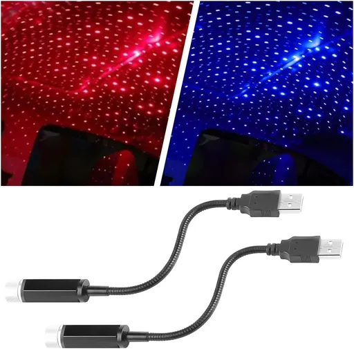 2PCS USB Star Roof Lights, Portable Adjustable Projector Night Light, Romantic Interior LED Ceiling Light Ambient Lighting Atmosphere Star Light for Car Bedroom Party Decoration (Red/Purple&Blue)
