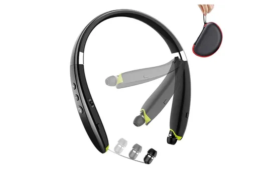 Bluetooth Headphones Foldable Bluetooth Neckband Headphones, Wireless Sports Headset with Built-in Mic - Black
