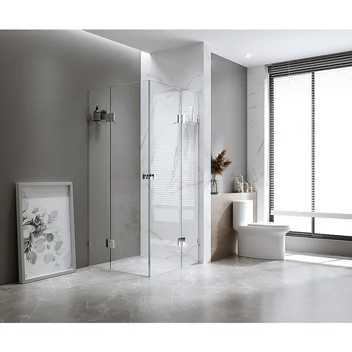 110x110cm Double Door Corner Shower Screen – White F-Brackets, SS Hinges & Square Knob Handle
