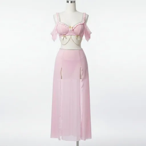 House Of Dasein Sexy Bow Chain Strap Pure Desire High Slit Dress Lingerie Set - Pink - Xl