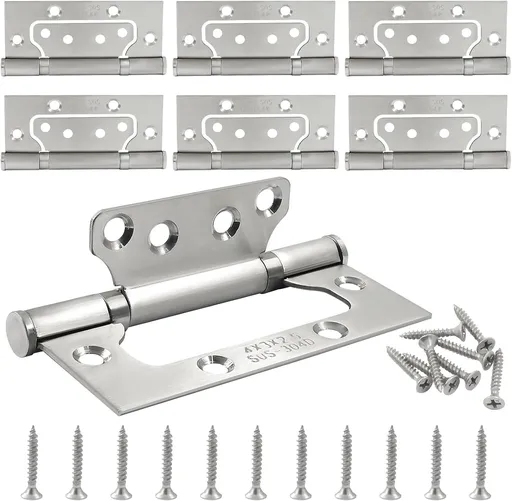 6 Pack Silver Non Mortise Door Hinges, 4"x3" Stainless Steel Bifold Door Hinges Thicken Heavy Duty Interior Gate Hinges with Mounting Screws