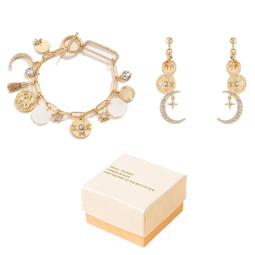 Celestial Magic Jewelry Set （Bracelet and Earrings ）- Gold Tone Iron and Zinc Alloy - Bracelet 19cm, Earrings 2x6.5cm - Sun Moon Star Evil Eye Charms, Gift Ready for Women