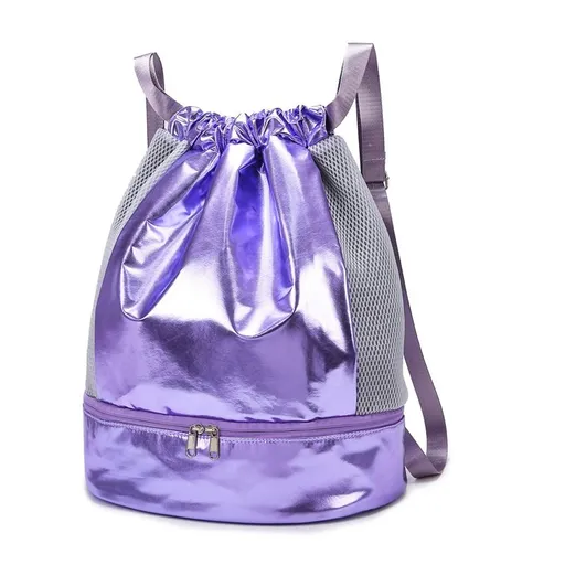 Drawstring Swim Bag Oxford Sports Backpack with Shoe Compartment - Purple