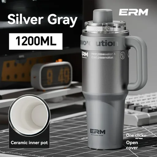 Giant Straw Tumbler Large Capacity Insulated Tumbler Ceramic Lined Cup - Silver - grey - Size porcelain-1200ml