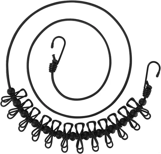 Portable Travel Clothesline, Adjustable Elastic Camping Retractable Clothesline with 12pcs Clips for Outdoor and Indoor Use (Black) Black