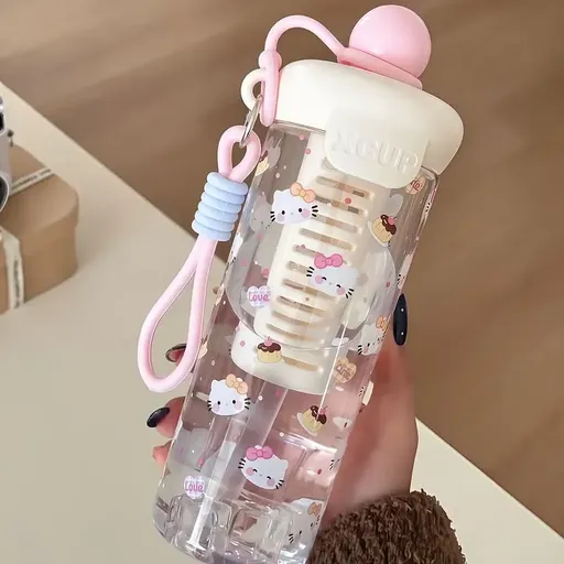 Cute Cat Straw Water Bottle Hello Kitty Portable Leak-Proof with Infuser Cold Brew Cup for School Commute Sports
