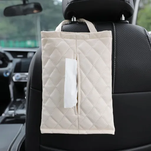 Car Tissue Holder Leather Hanging Beige White