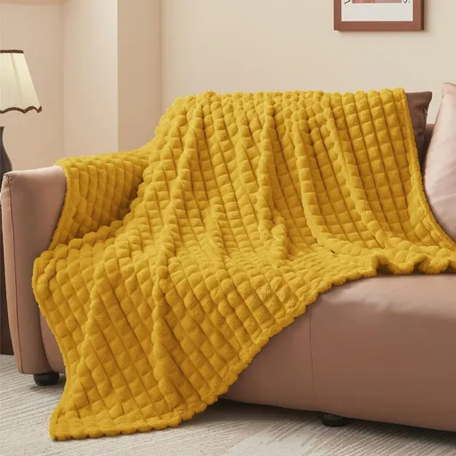 Updated Grey Throw Blanket for Couch and Bed- Super Soft and Warm 3D Checkered Fluffy Fuzzy Fleece Blanket, Luxurious Plush Cozy Blanket for Room Decor Spring - Yellow - Size 120cm*200cm