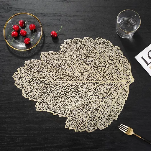 Placemats Set of 6, 15 Inch Metallic Vinyl Christmas Festival Lunch Mats Leaf Holiday Party Restaurant Home Table Decoration, Gold