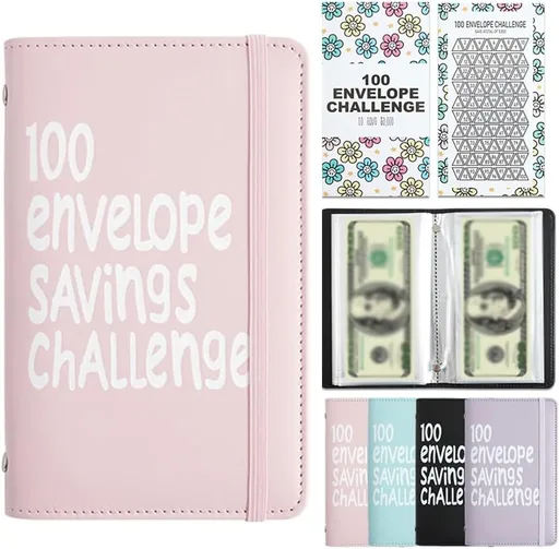 Pink 100 Days Envelope Savings Challenge with 50 Clear Double-Sided Pages - Portable A6 Size for Budgeting & Financial Goals