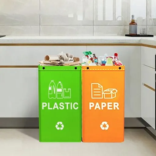 Collapsible Recycling Bags 40L, Waterproof Reusable Laminated Waste Sorting Bins with Carry Handles, Green Plastic & Orange Paper 2‑Pack for Home Kitchen Indoor Recycling
