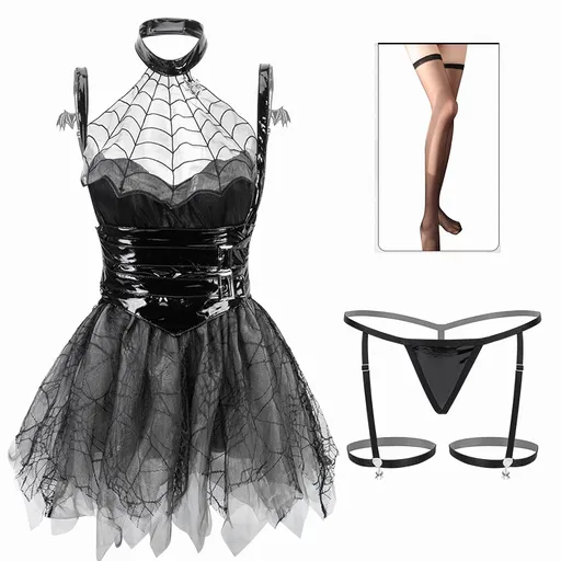 House Of Dasein Womens Sexy See Through Soft Yarn Spider Little Devil Patent Leather Girdle Uniform Seat - With Stockings