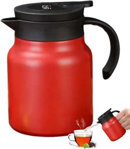 Vacuum Insulated Stainless Steel Tea Pot With Infuser Filter And Temperature Display Lid For Home Office Travel, Red, 1 L