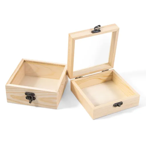 2Pcs Small Wood Box with Lid, 4.7'' x 4.7'' x 2'' Unfinished Wood Gift Box with Glass Lid, Tiny Box for Gift and Home Decorations