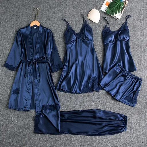 Women Sleepwear Set Long Sleeve Ice Silk Navy Blue XL
