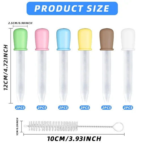 10 Pack 5ml Eye Droppers for Liquid + Cleaning Brush - Reusable Plastic Eye Dropper with Colorful Bulb Tip - Clear Pipette Dropper for Candy Making, Essential Oils, Science Experiments, DIY Crafts