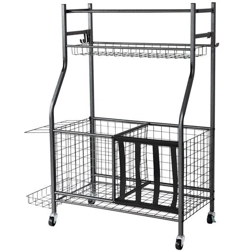 Sports Equipment Garage Organizer, Rolling Ball Storage Cart on Wheels, Basketball Rack with Baskets & Hooks, Indoor/Outdoor Sports Gear and Toys Storage, Steel Sports Equipment Organizer, Black