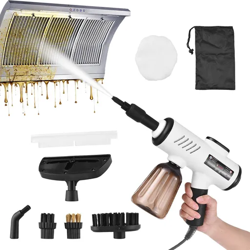 Portable Handheld Steam Cleaner 10s Quick Heat 3 Temperature Adjustable Deep Cleaning Machine with 600ml Water Tank 3 Brush Heads Bent Nozzle Window Scraper with Cloth Cover Storage Bag 5.2ft Power Cord for Kitchen Bathroom Furniture Upholstery Cloth