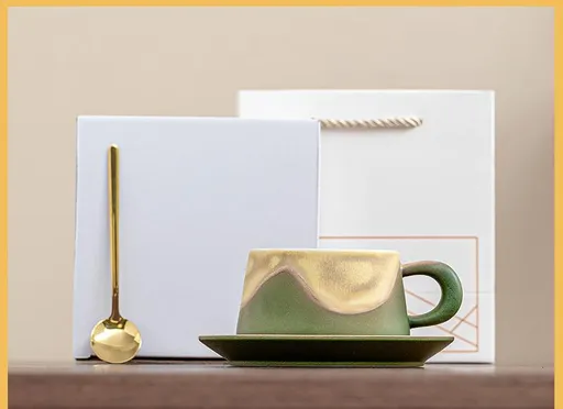 Artistic Ceramic Coffee Cup & Saucer Set with Spoon - Gradient Glaze, 240ml, Gift Boxed(Green)