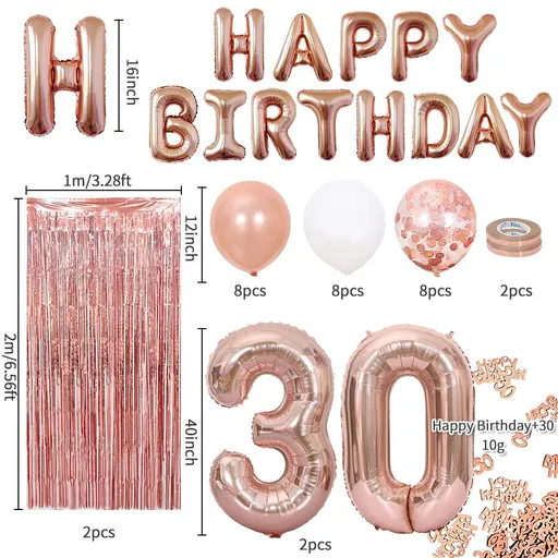 Rose Gold 30th Birthday Balloon Decoration Set - Foil Number Balloons, Happy Birthday Letter Banner, Tassel Curtain, Confetti Balloons, Latex Balloons & Tape - Complete Party Decor Kit for 18th, 21st, 30th Birthdays