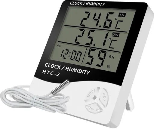 HTC-2 Indoor/Outdoor Temperature/Hygrometer - Digital Temperature and Humidity Sensor for Home - Portable with Time Display - Suitable for Temperature and Humidity Monitoring