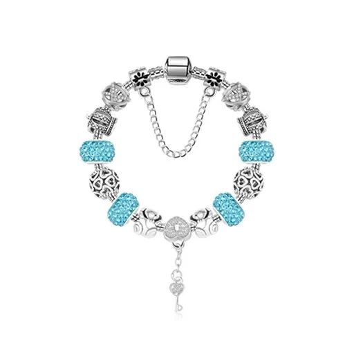Stunning Rhinestone Charm Bracelet: Hollow Heart Beads + Crown Charms + Happy Key-Lock Pendant | Blue(19cm)