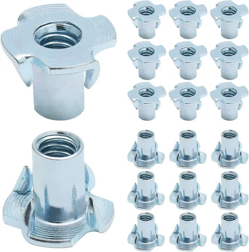 50 Pack 1/4"-20 T-Nuts, Four Pronged Tee Nut for Wood, Rock, Climbing Holds, Cabinetry (1/4"-20 x 9/16")