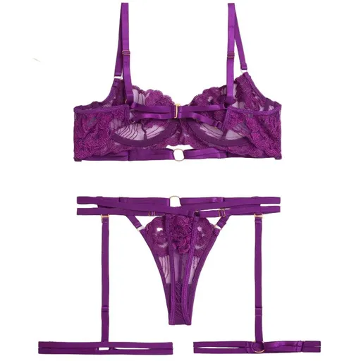 House Of Dasein Style Sexy Underwire Gathered French Lace Embroidered Tie Strap Pure Desire Hollow Out Four Piece Set Lingerie Suit - Purple - M