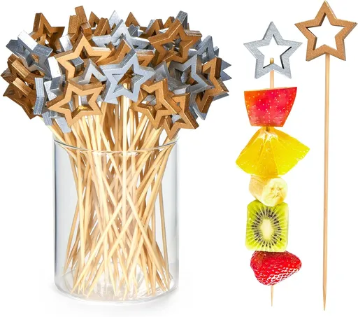 100 Pack Star Toothpicks for Appetizers, 5.5 Inch Natural Bamboo Cocktail Picks for Cake Dessert Food Fruit Christmas Party Decorations (Two-Color)