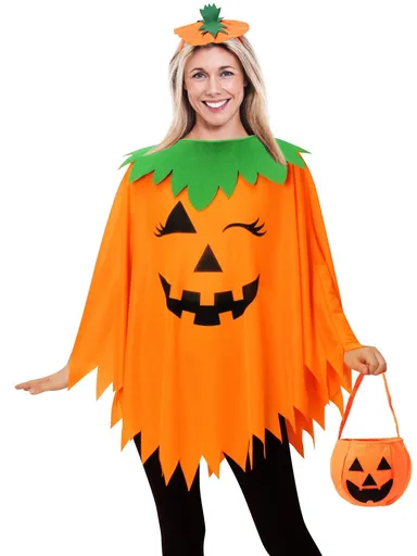 Womens Winking Pumpkin Poncho, Headband & Trick-or-Treat Bucket Set for Halloween Costume (Orange)