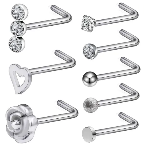 8 Pcs Nose Rings L Shaped Nose Studs Flower 20G Nose Screws Set Women Nose Piercing Jewelry