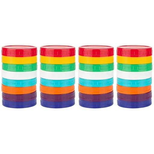 32 Pack Plastic Jar Lids - Colored Jar Caps Compatible for Ball Kerr Wide Jars (Wide Mouth)