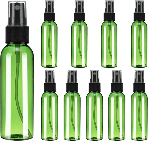 10Pack Spray Bottles, 2 Oz/60ML Reusable Clear Empty Mist Plastic Mini Travel Bottle Set,Small Refillable Liquid Containers for Household Use, Essential Oil, Cleaning (Green Black)