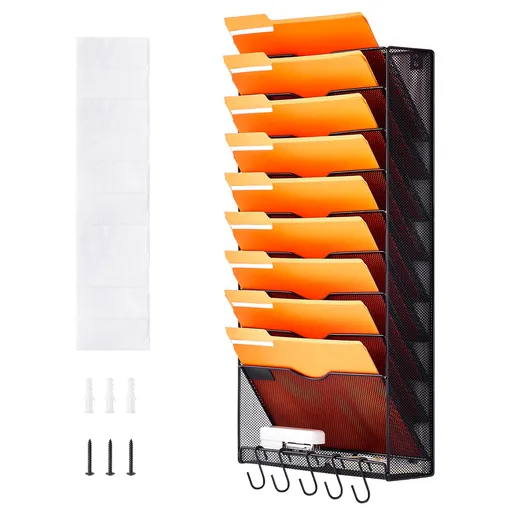File Wall Rack Mesh Wall File Holder 1-Piece 10 Pockets for Office/School