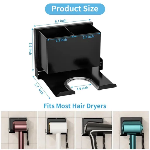 Hair Dryer Holder Wall Mounted, Metal Hair Dryer Holder for Bathroom, Blow Dryer Holder with Plug Cord Organizer, Self Adhesive or Screw Hair Tool Organizer for Bathroom, Makeup Room, Cabinet, Black