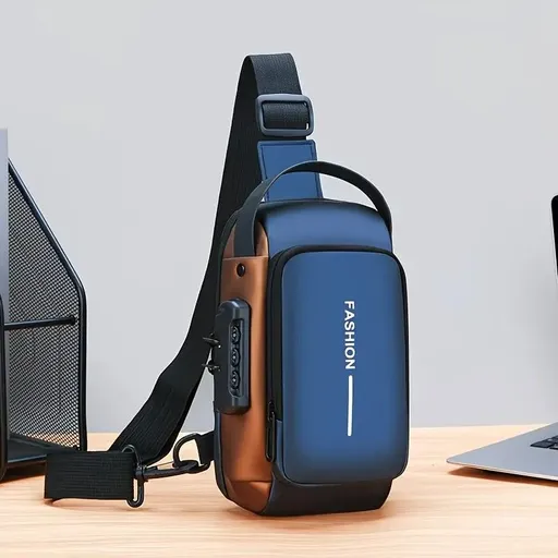 Honeycomb breathable men's chest bag: USB charging and password lock for safety and convenience, M/L sizes available, adjustable shoulder strap for pressure relief, essential item for travel.(Lanjin,L)