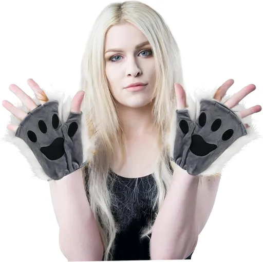 Therian Paws, Cat Paw 1 Pair Half Finger Therian Paws Cute Embroidered Fur Paws Decorative Realistic Paw Gloves for Kids Adults Cosplay Stage, Black Gray Gray