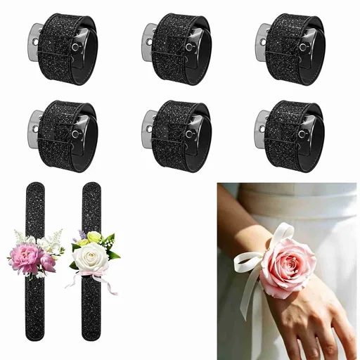6Pcs Slap Bracelet Corsage Wristlet Bands, Floral Snap Bracelet Corsage Wristlet Bands with Hollow template for Wedding Prom DIY Bouquet Accessories Bridesmaids Bride Shower, Silver