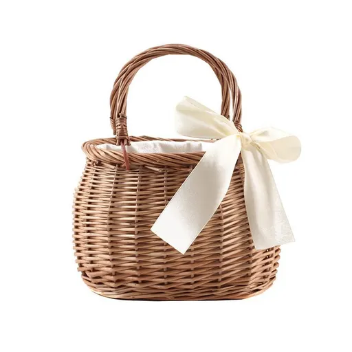 Picnic Basket Rattan Flower Basket, Handwoven Wicker Flower Candy Storage Basket with Handle for Picnic Wedding Home Garden