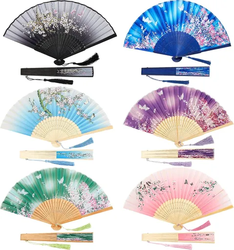 6 Pcs Folding Hand Fans for Line Dancing Foldable Chinese Fans for Women Girls Vintage Bamboo Handheld Silk Fabric Decorations for Wedding Dancing Party Cosplay Supplies(Classic Style)