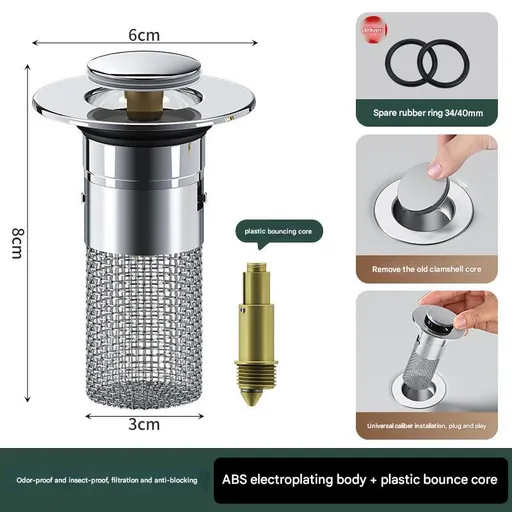 5 PCS Universal Pop-Up Sink Drain Stopper with Anti-Clog Filter Basket - Stainless Steel Hair Catcher & Anti-Odor Plug