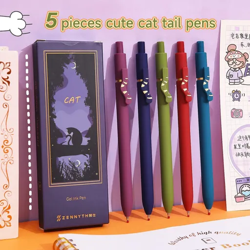 5 Pcs Retractable Gel Pens,0.5mm Ballpoint Black Ink Pens with Cute Cat Tail,Japanese Smooth Writing Fine for Cat Lovers School Office