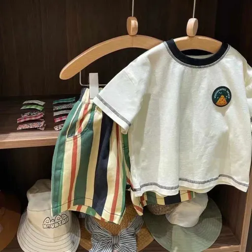 Yeon Bei Man Boys Cotton 2-Piece Summer Short Sleeve White T-shirt + striped pants 110cm