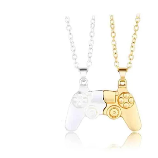 Matching Gamer Controller Necklace for Couples or Friends Pendant Gift Set - Gold and Silver