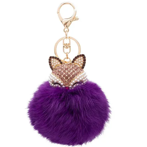 Rabbit Fur Ball Pom Pom Keychain with Fox Head Inlay Pearl Rhinestone for Women Backpack Car Key Chain Decoration
