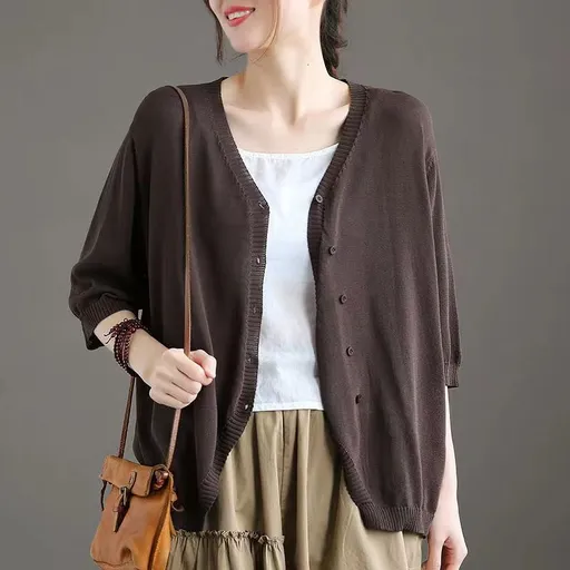 Ice Silk Cardigan Loose V Neck Half Sleeve XXXL Coffee