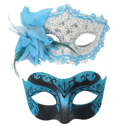 Couple's Venetian Masquerade Mask Set of 2 – Hand-Painted 3D Floral Sequin Masks for Balls, Halloween & Costume Parties。（blue)
